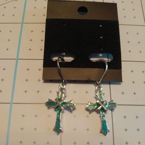 New, 1 pair blue/green cross costume jewelry earrings